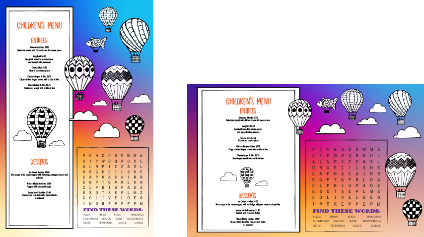 Kids Menu Sizes